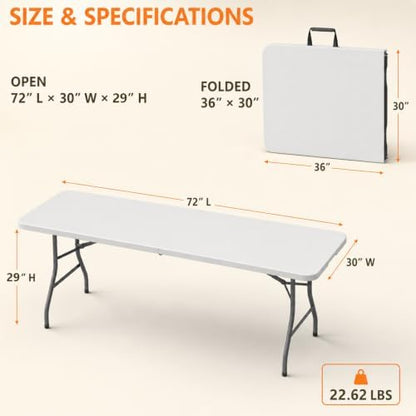 Folding Table, 6FT Portable Fold-in-Half Plastic Picnic Table, Heavy Duty Foldable Table with Carrying Handle, Ideal for Party, Camping, Craft, Dining, Wedding, Outdoor and Indoor Use, White