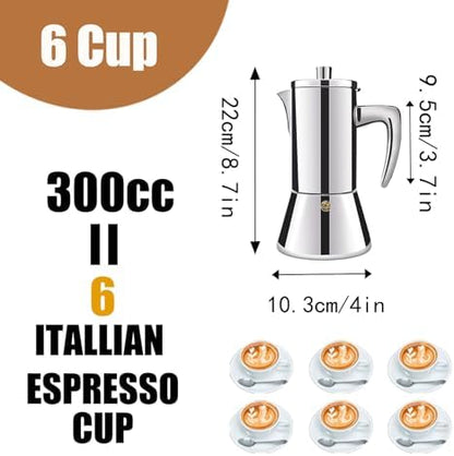 6 Cup Thickened 304 Stainless Steel Moka Pot Stovetop Espresso Maker Cafeteras Italian Percolator Espress Makers Capable Greca Mocha Coffee Machine for Induction Home and Camping 300ml 10oz