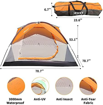 IFAST 2/6 Family Camping Tents, Outdoor Double Layers Waterproof Windproof with Top Roof Rainproof and Large Mesh Windows Portable Easy Set Up Camping Gear with Carry Bag for All Seasons