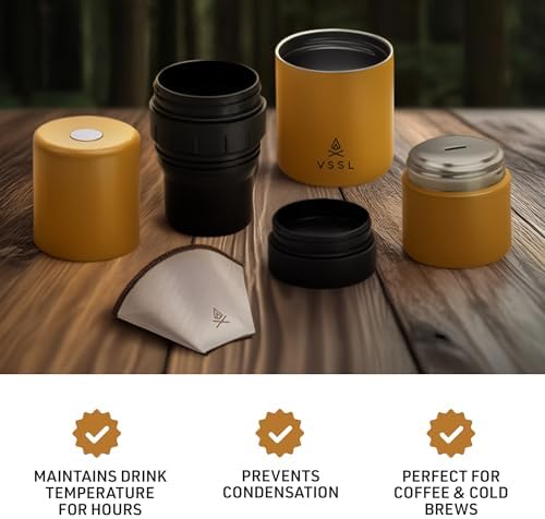 VSSL - Nest Pour Over Coffee Kit | Coffee Maker for Camping | All-In-One Travel Pour Over | Transportable Dripper, Two 10oz Stainless Steel Travel Mugs | Compact Storage & Adventure Ready | Sahara