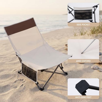 Compact Beach Chairs 2 Pack with 3-Position Lay Flat Low Portable Camping Chairs for Adults Folding Reclining Chairs for Beach, Lawn, Travel
