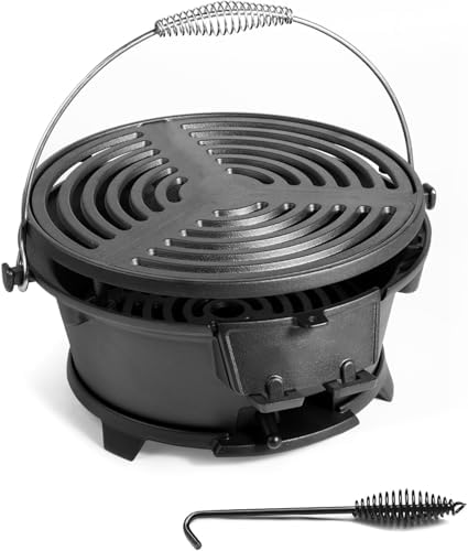 Round Mini Hibachi Grill Outdoor, Portable Small Charcoal Camping Barbecue Grill, 100% Cast Iron, Durable - Coal Door, Draft Door, Ideal for 2 People
