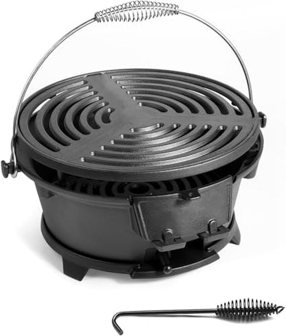 Round Mini Hibachi Grill Outdoor, Portable Small Charcoal Camping Barbecue Grill, 100% Cast Iron, Durable - Coal Door, Draft Door, Ideal for 2 People