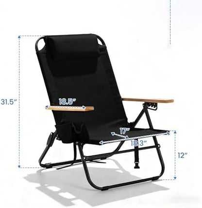 1 Pack Premium 5-Position Reclining Camping Chair - Portable Folding Lightweight Outdoor Chair with Wooden Armrests, Headrest & Pockets, 350lbs Heavy Duty for Beach, Patio, Night Black