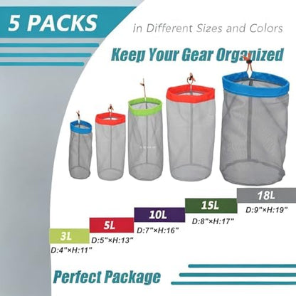 Alemon Mesh Stuff Sack, Drawstring Ditty Bags Storage Pouch Bag Stuff Sacks for Backpacking Travel Camping Hiking, Ultralight, Small to XXlarge Set of 5
