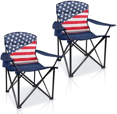 Folding Camping Chairs 2 Pack:Oversized Padded Lawn Chair for Adult,Collapsible for Outdoor,Camp,Fishing & Garden,350-lbs Capacity,American Flag