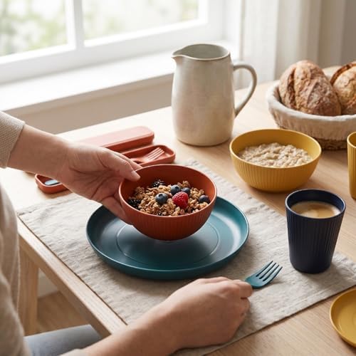 POCREATION Unbreakable Dinnerware Sets, 4 People PP Plates Bowls Mugs Cutlery Set Dishwasher Microwave Safe Lightweight for Camping Picnic Home Party Travel