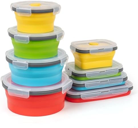 Collapsible Silicone Food Storage Containers Set with Lid & Air Vent, Foldable Lunch Containers, 8 Pack (4 Rectangular + 4 Round Bowls), BPA-Free, Space-Saving