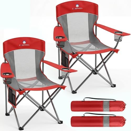 2 Pack Camping Chairs for Adults,Oversized Mesh Back Lawn Chair with Cup Holder, Side Pocket&Bag for Outdoor,Beach,Picnic,Fishing,and Sports,Breathable,Heavy Duty,Red