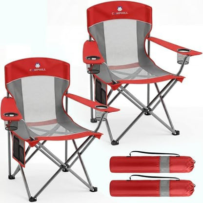 2 Pack Camping Chairs for Adults,Oversized Mesh Back Lawn Chair with Cup Holder, Side Pocket&Bag for Outdoor,Beach,Picnic,Fishing,and Sports,Breathable,Heavy Duty,Red