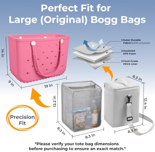 Bogg Bag Cooler Insert, 2-in-1 Insulated Cooler & Mesh Organizer for Large Bogg Bag, Leakproof PEVA Cooler Bag with Strap, Large Rubber Beach Bag Accessories for Beach, Pool & Travel