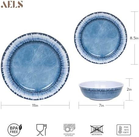 AELS Melamine Dinnerware Set of 12 Pcs Dinner Dishes Set for Indoor and Outdoor Use, Dishwasher Safe, Lightweight Unbreakable, Navy Blue