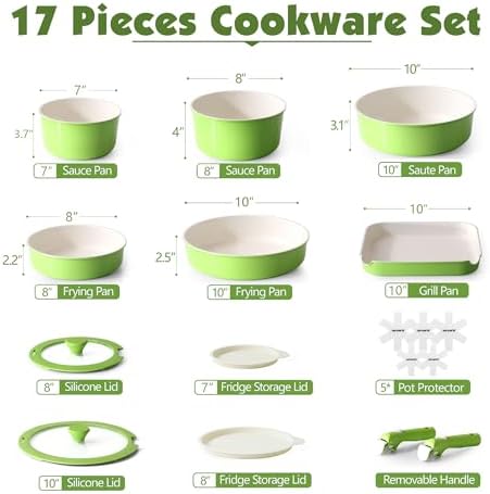 SENSARTE 17 Piece Ceramic Detachable Handle Pots and Pans Set Green