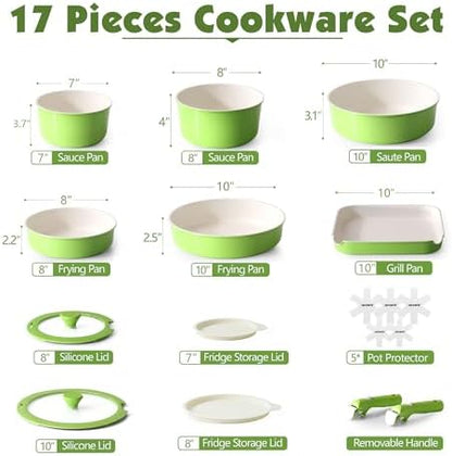 SENSARTE 17 Piece Ceramic Detachable Handle Pots and Pans Set Green