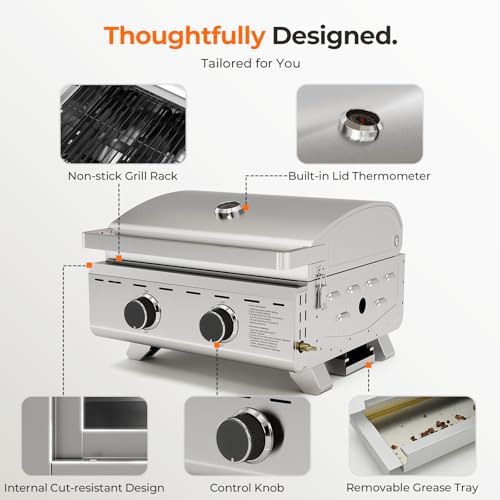 Electactic 20,000 BTUs Portable Tabletop Gas Grill, 2-Burner Propane Grill with Foldable Legs, 251 Sq.in Cooking Area, Stainless Steel BBQ Grill for Easy Assemble & Clean, Ideal for Outoor/RV/Patio