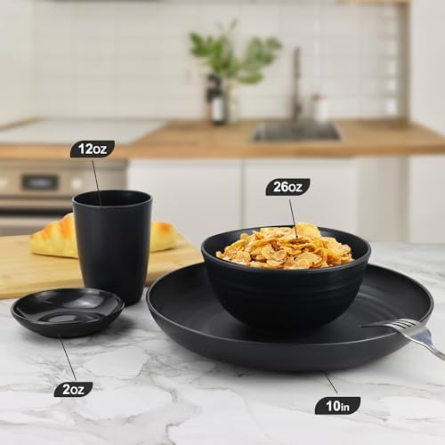 Wrova Wheat straw dinnerware sets of 16-10 inches plates,26oz bowls,2oz dipping bowls,12oz cups - Unbreakable plates and bowls sets microwave safe and dishwasher safe,service for 4. Black