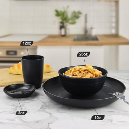 Wrova Wheat straw dinnerware sets of 16-10 inches plates,26oz bowls,2oz dipping bowls,12oz cups - Unbreakable plates and bowls sets microwave safe and dishwasher safe,service for 4. Black