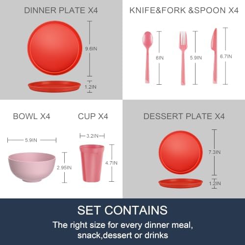 28 Piece Plates and Bowls Sets for 4, Unbreakable Dinnerware Set