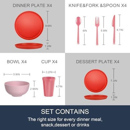 28 Piece Plates and Bowls Sets for 4, Unbreakable Dinnerware Set
