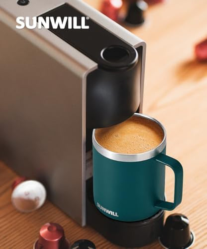 SUNWILL Travel Coffee Mugs Set of 4, Insulated Cup with Lid, 14oz Stainless Steel Tumbler with Handle Bulk for Gift, Camping, Office, Powder Coated Deep Green