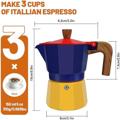 3 Cup Aluminum Espresso Stovetop Moka Pot Express Coffee Maker Percolator Italian Classic Mocha Coffee Machine for Italian and Cuban Cafe Brewing for Home & Camping 150ml 5oz