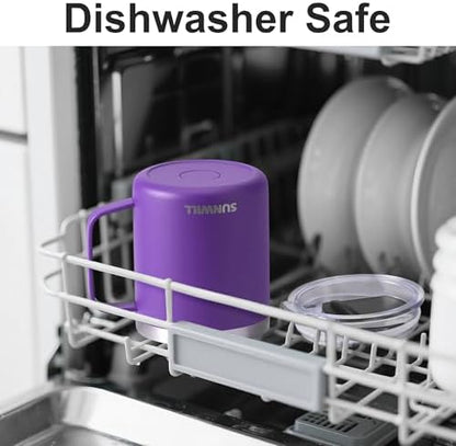 SUNWILL Insulated Coffee Mug with Lid, Travel Tumbler with Handle, 14 oz Stainless Steel Cup for Camping, Office, Home, Powder Coated Purple