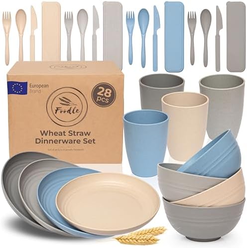 FOODLE Wheat Straw Dinnerware Set - RV, Camping Plates Cups and Bowls Set