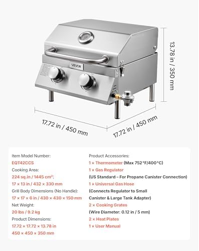VEVOR Tabletop Gas Grill, 2-Burner Stainless Steel Portable Propane Grill, with Built-in Thermometer, Travel Locks, Weatherproof Lid, 15,000 BTU Total, for Outdoor Cooking, Patio, Party, Camping, RV