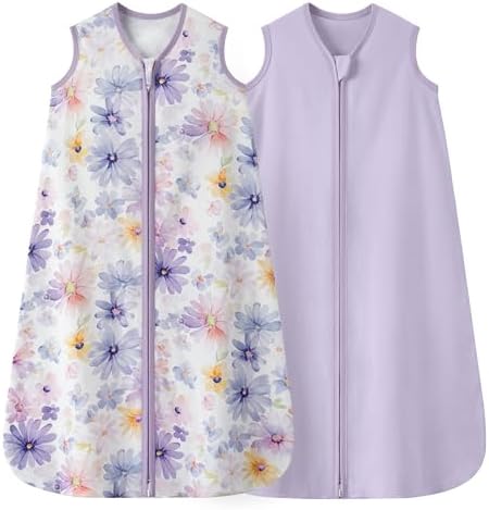 Baby Sleep Sack 6-12 Months 0.5 TOG, 100% Cotton Baby Wearable Blanket 2 Pack with 2-Way Zipper, Lightweight Sleep Bag for Boys ＆ Girls Newborn Infant Breathable Sleeing Sack Purple Flower