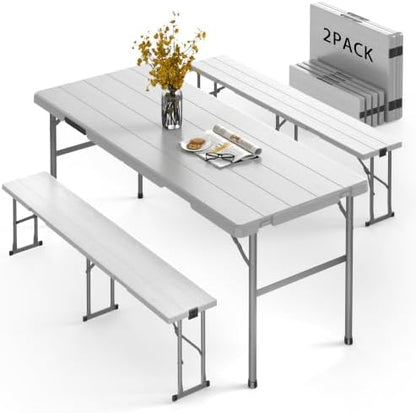 2pk Folding Table with 4 Benches Set for Camping, Picnic, White