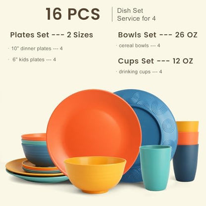 Homienly Dish Set Wheat Straw Dinnerware Sets Unbreakable Reusable Dinnerware Set 16 PCS Cups Plates and Bowls Sets, Microwave and Dishwasher Safe Dishes for Camping, Outdoor - Colorful