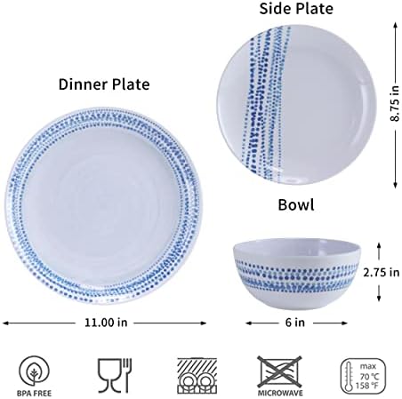 Melamine Dinnerware Sets, 12Pcs Plates and Bowls Sets Dinnerware Sets for 4, Unbreakable Dish Set for Indoor and Outdoor Use, Dishwasher Safe Raindrops Design