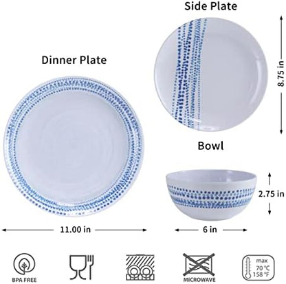 Melamine Dinnerware Sets, 12Pcs Plates and Bowls Sets Dinnerware Sets for 4, Unbreakable Dish Set for Indoor and Outdoor Use, Dishwasher Safe Raindrops Design