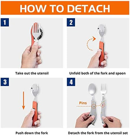 Camping Eating Utensils,4-In-1 Stainless Steel Spoon Fork Knife Set(Red)