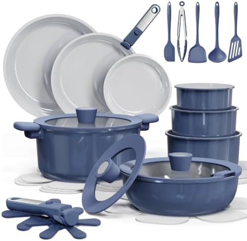 CAROTE 27pcs Ceramic Cookware Set, Pots and Pans Set with Detachable Handle