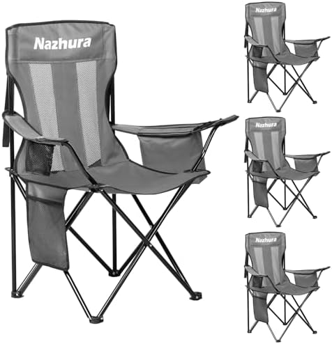 Nazhura 4 Pack Outdoor Camping Chairs Folding/Foldable/Portable with Cooler Pouch, Mesh Backrest and Cup Holder Pocket (Grey, Metal, 4 Pack)