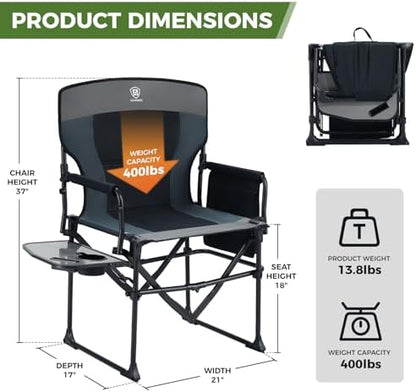 EVER ADVANCED Camping Directors' Chair with Side Table, Portable Folding with Compact Size, Heavy Duty Lawn Chair with Pocket for Camping, Sports and Fishing, 400lbs, Black Grey