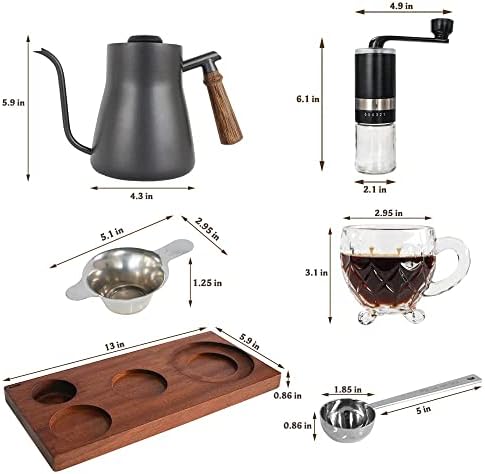 SOTECH Pour Over Coffee Maker Set Chinese Tea Set Wooden Storage Tray Coffee Dripper Glass Server Coffee Scoop DIY Manual Pour Over Kit Black(Portable Natural Jute Bag Set)