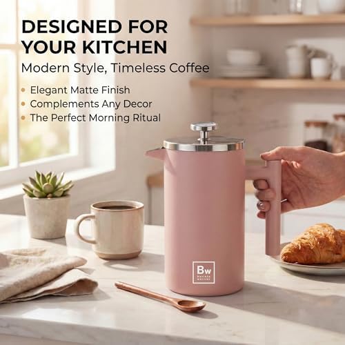 Barista Warrior French Press Coffee Maker - Double-Wall Stainless Steel Insulated French Press with Built-In Thermometer, Dual Filters Coffee Maker with Wooden Spoon - Pink
