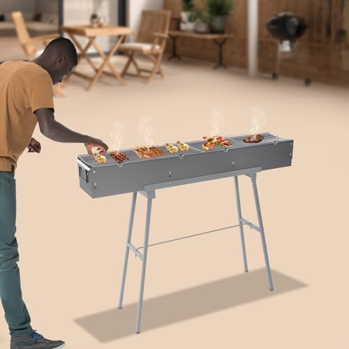 Portable Charcoal Grills,39”x7”x5”Commercial BBQ Lamb Skewer Grill Set with Foldable Stand,Lightweight Smoky Flavor Barbecue Grill for Outdoor&Camping Cooking (39 * 7 * 5in)