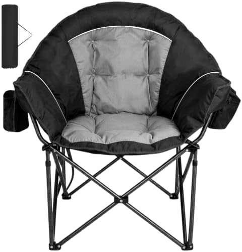 Romswi Oversized XXL Padded Camping Chairs for Adults, 1Pcs 500lbs Heavy Duty Support, 500G Ultra-Thick Cushion Sofa-Like Comfort, Folding Lawn Chair with Cooler Bag & Side Pockets, Black
