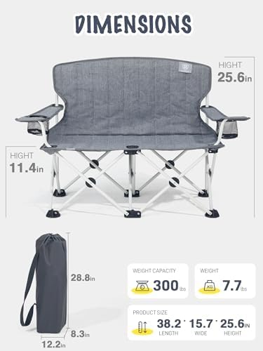 EVER ADVANCED Kids Double Camping Chair with Cupholders Safety Lock, Padded Kids Folding Chair Outdoor with Mesh Pocket, Lightweight Portable Two Person Loveseat for Beach, Supports 300lbs, Grey