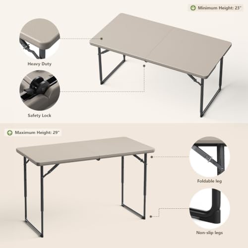 Folding Table, 4FT Foldable Picnic Table with Carrying Handle, Heavy Duty Fold-in-Half Portable Table for Weddings, Camping, RV Travel, Parties, BBQs, and Indoor Use, Easy to Fold and Store, Khaki