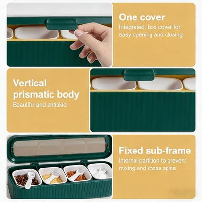Clear Seasoning Box, 4 Packs Seasoning Rack Spice Pots,Condiment Jars Seasoning Box with Clear Covers and Spoons for Spice, Sugar, Salt, Pepper, Garlic Powder (Green)