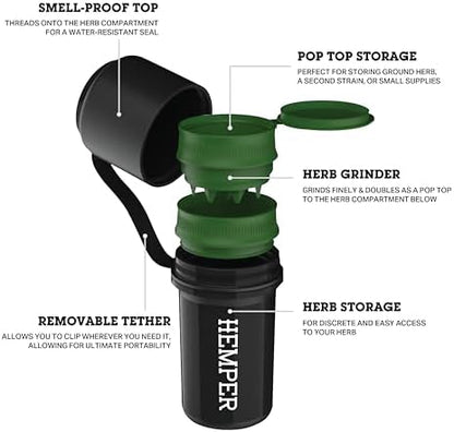 Hemper Keeper 3‑in‑1 Herb Grinder with Dual Storage Container - Smell‑Proof, Airtight & Water‑Resistant - Built‑In Removable Grinder, Dual Compartments for Flower & Ground - (Blue & Orange)