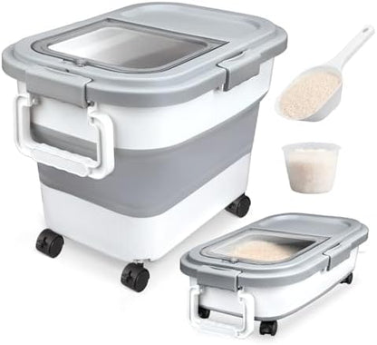 Komzon Rice Storage Container 20-30 lb, 17 lb Pet Dog Food Storage Container, Collapsible Food Storage Containers, Rice Dispenser Bin with Cup and Scoop for Flour Cereal Pasta Grain, Cat Bird Food