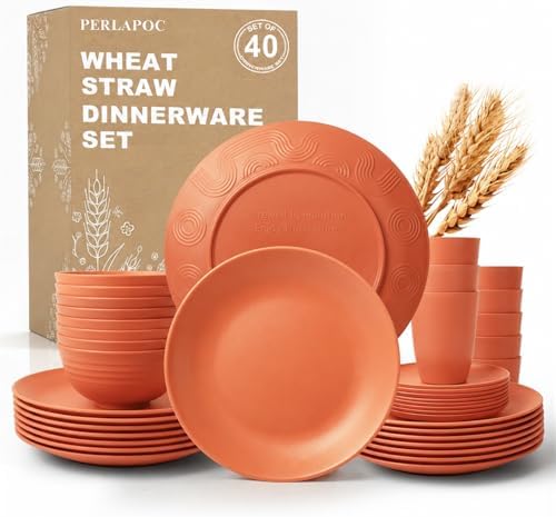 Wheat Straw Dinnerware Sets for 8, 40 Piece Unbreakable Dinnerware Set, Plates and Bowls Sets, Kitchen Plates and Bowls Set, Lightweight Dish Set for Home, Camping, and Everyday Use- Orange