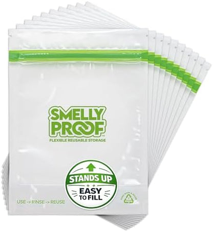 Smelly Proof 10 x Expandable Stand & Fill REUSABLE Storage Bags for Food Designed & Mfg in US, BPA FREE, NO PEVA, Reusable Sandwich Bags, Dishwasher-Safe, Clear 3 mils STAND UP 6.5" x 7.5" - 10pk