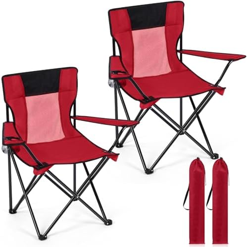 Shellwei 2 PCS Folding Camping Chair with Cupholder and Carry Bag Regular Size Colorful Breathable Portable Lightweight Lawn Chair with Side Pocket for Fishing Hiking Beach Outdoor Activity