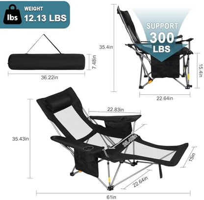 Romswi 2Pack 4-Position Reclining Camping Chair with Removable Footrest, 2-in-1 Adjustable Portable Lounge Chair with Cooler Bag, Cup Holder, Side Pockets & Carry Bag for Outdoor, Mesh Black